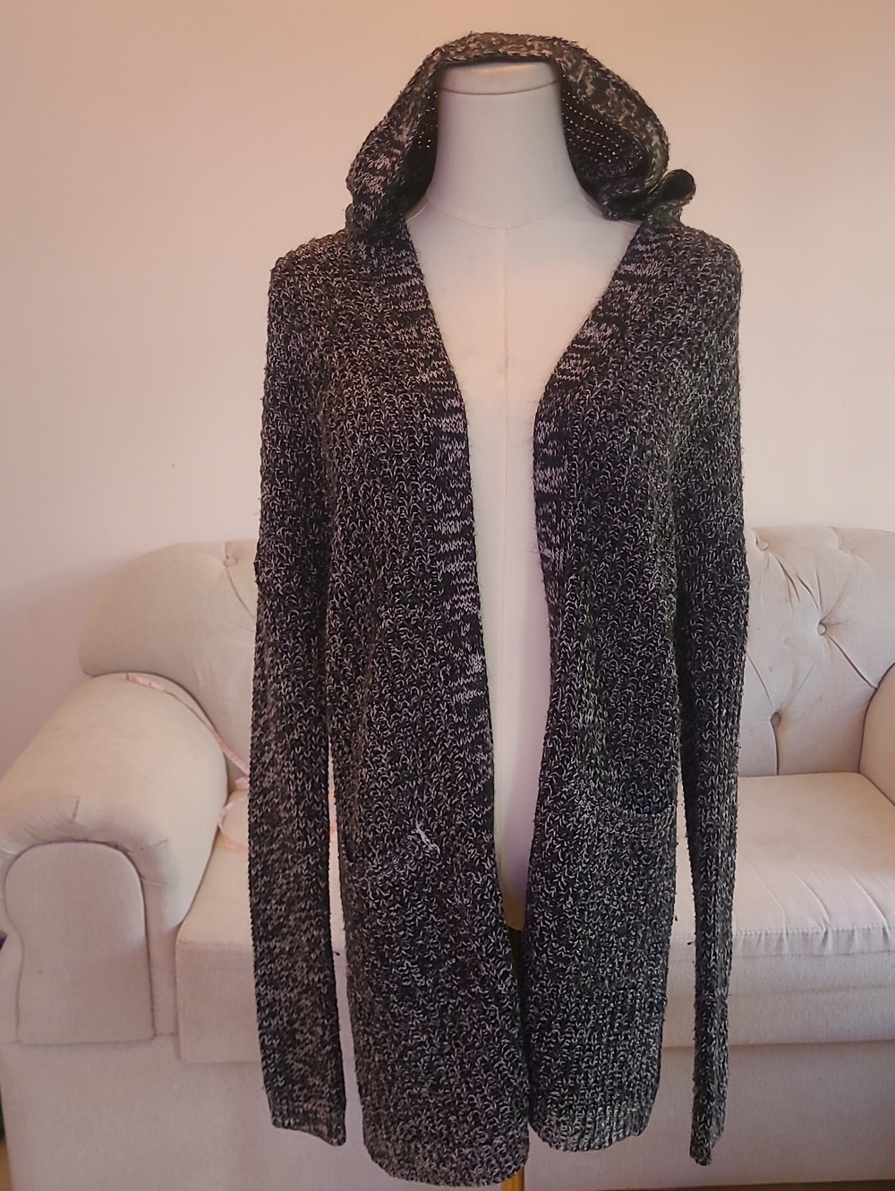 Cozy Hooded Open-Front Women's Sweater Cardigan - Black & White